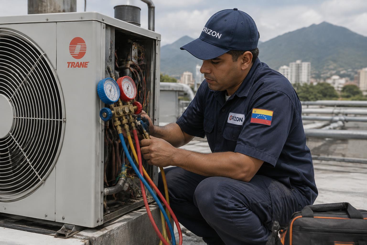 Técnico de Orizon dando mantenimiento a un aire acondicionado