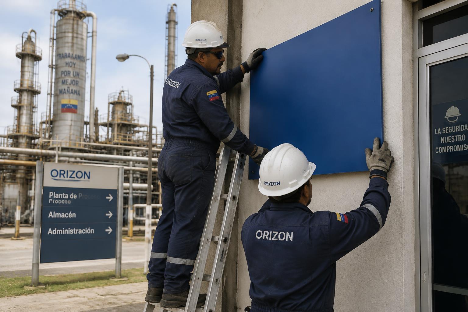 Instaladores de Orizon colocando señalética en una refinería